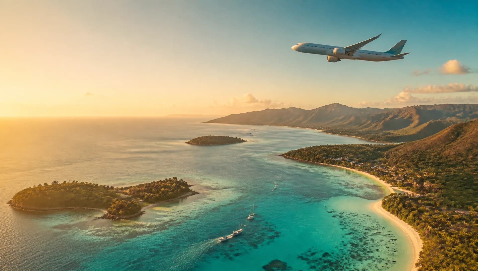 Aircraft flying above a coastal landscape